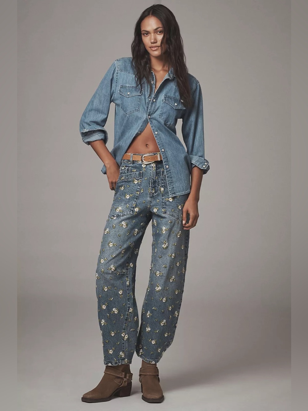 NWT Anthropology Avec Les Filles High-Rise Barrel Jeans Embroidered floral Sz 31